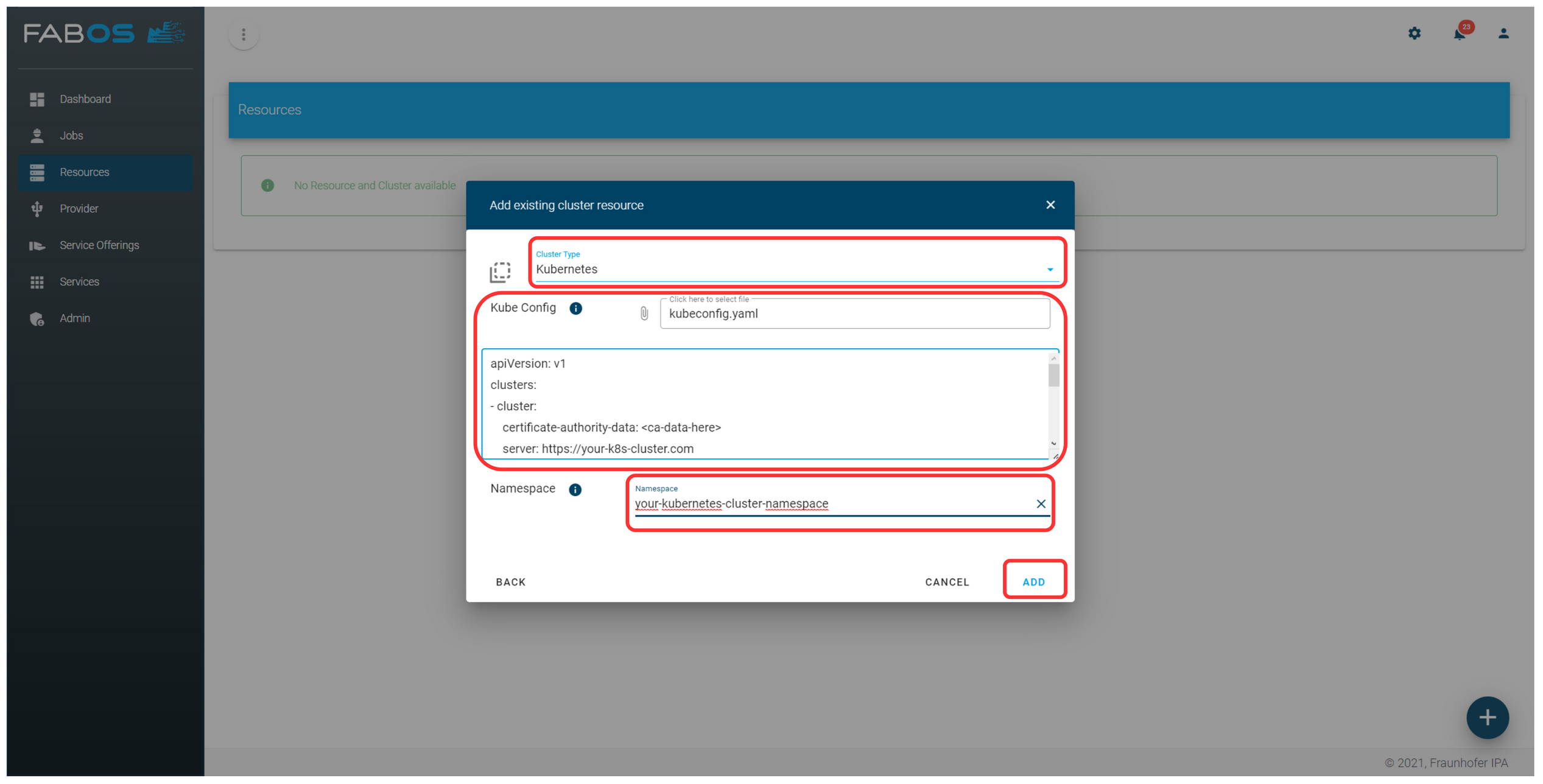 Dialog to add cluster