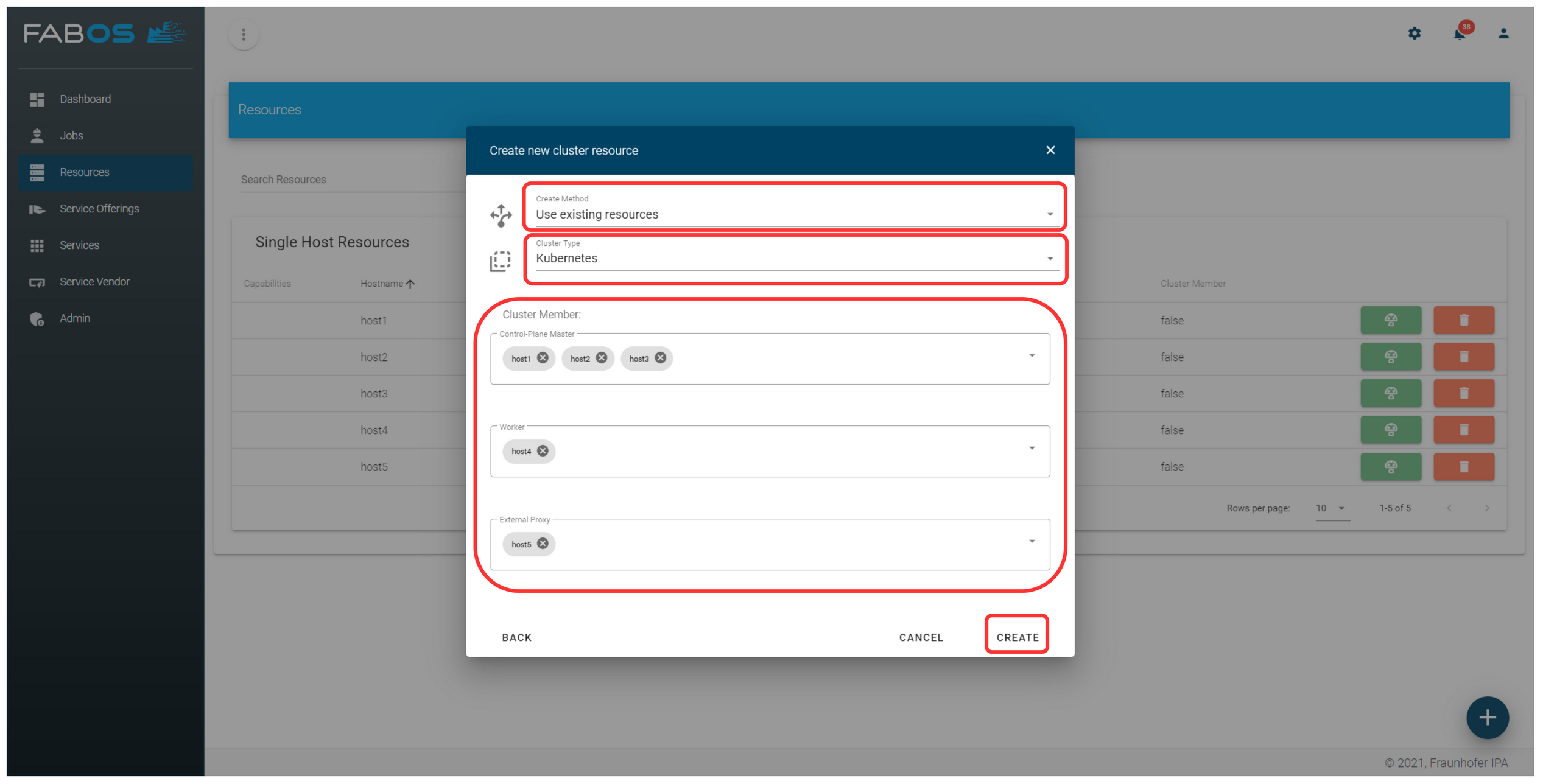 Cluster create dialog